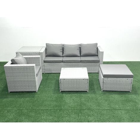 Fimous Salon de Jardin Exterieur en Résine 5 places avec Canapé Grand tabouret Fauteuil Table d'appoint Gris clair mixte (1/4)
