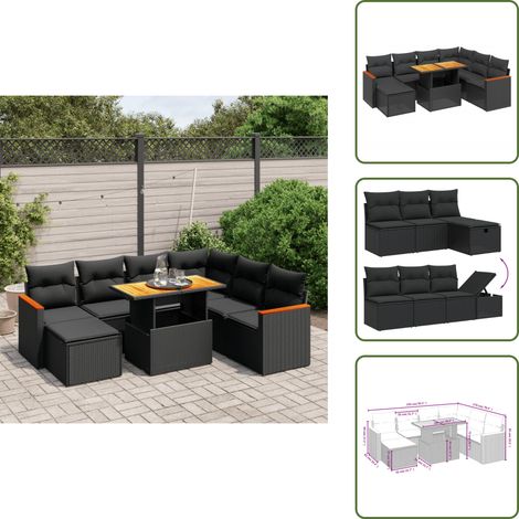 Salon de jardin 8 pcs avec coussins noir résine tressée - Ensemble Salon De Jardin - Mobilier Extérieur - Résine Tressée - Rotin Synthétique - Table Extensible (1/5)