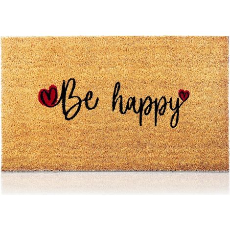 Tapis de porte en fibre de coco « Soyez heureux », 74 x 43 cm. Tapis de bienvenue antidérapant en PVC et fibre de coco. Idéal pour l'entrée, les couloirs, les portes extérieures et comme accessoire de (1/2)
