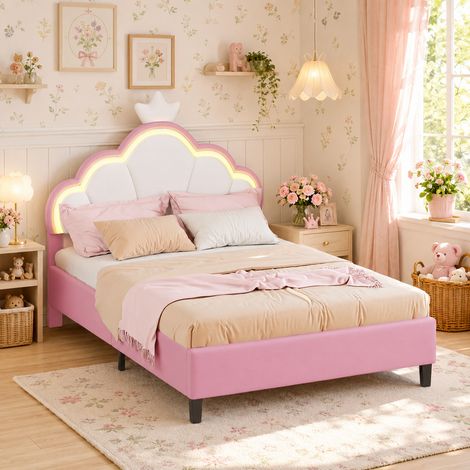 Lit double 140 x 200 cm - Lit princesse 140 x 200 cm - Lit de fille en velours - Motif couronne - Tête de lit avec LED réglables - Blanc + rose (1/5)