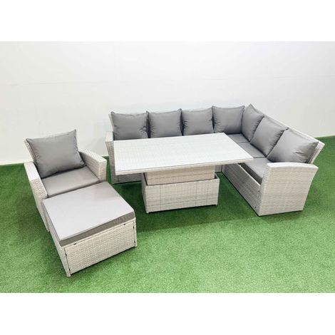 Fimous 8 Seat Rattan Garden Furniture Corner Sofa Set Outdoor Adjustable Lifting Dining or Coffee Table Set with Footstool Light Grey (1/4)