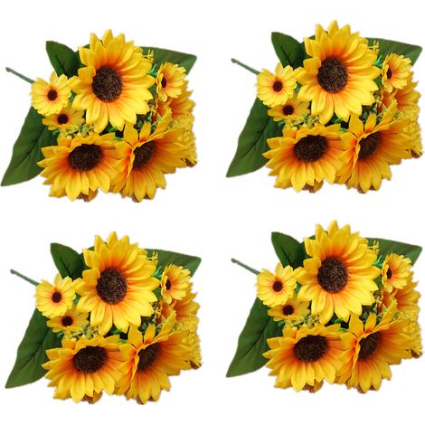 Lot de 4 bouquets de tournesols artificiels d'extérieur, résistants aux UV, ne se décolorent pas, plantes en plastique pour la décoration de jardin, porche et jardinière. (1/5)