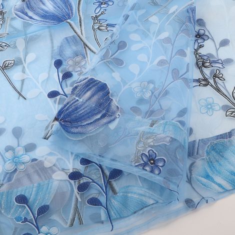 Rideaux en tulle imprimé tulipes 100 x 200 cm, voilage bleu, pour balcon ou fenêtre. (1/5)