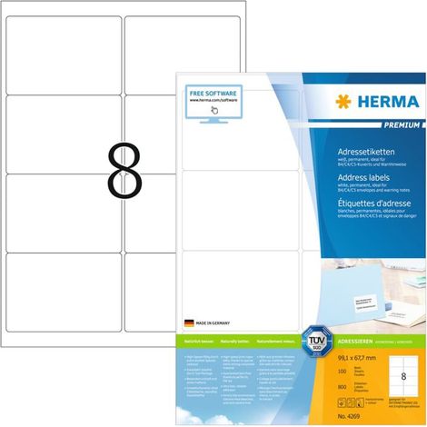 Universaletikett PREMIUM 99,1 x 67,7 mm (B x H) nicht wieder ablösbar Papier weiß 800 Etik./Pack. (1/5)