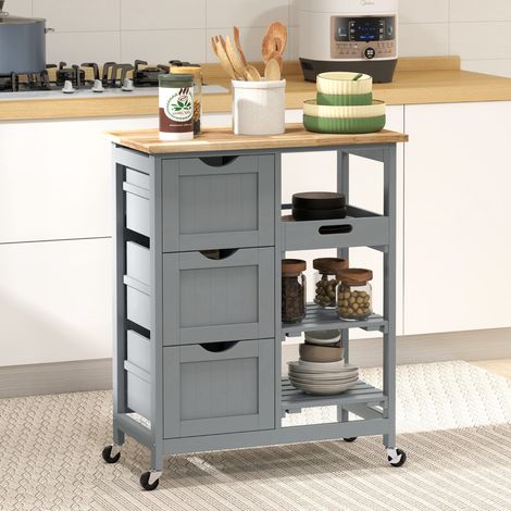 Plaisier auxiliaire 67x37x85,5 cm Gris avec roues Chariot de cuisine avec 3 tiroirs, 2 étagères ouvertes et plateau amovible (1/4)