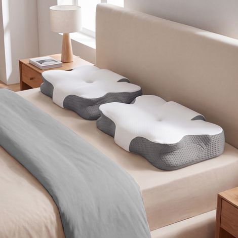 Oreiller Mémoire de Forme, Ergonomique, Toucher Frais, Ajustable en Hauteur, pour Dormeur Côté/Dos/Ventre, Blanc et Gris (1/5)