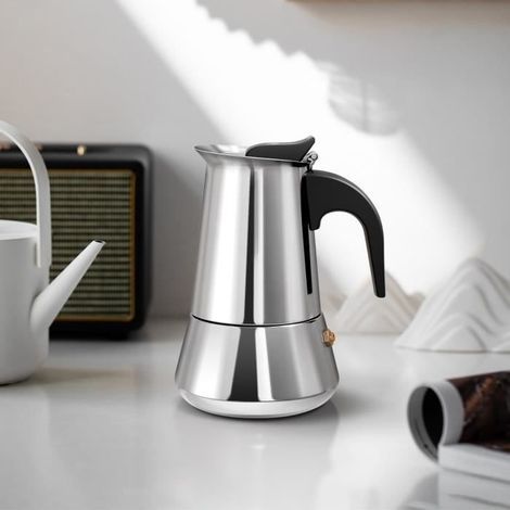 Italienische Kaffeemaschine – 2 Tassen – 100 ml – Mokkakanne aus Edelstahl, Espressokanne, Silber (1/4)