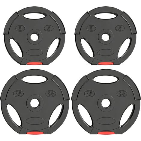 Disques de poids. plaques de poids 2 x 5 kg et 2 x 7.5 kg. à trois poignées avec trous de Ø 25 mm. noir (1/5)