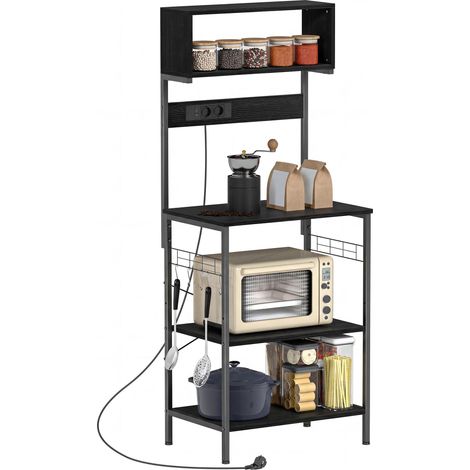 Étagère de cuisine de style industriel avec multiprise pour micro-ondes, étagères et crochets, bois et acier, noir (1/5)