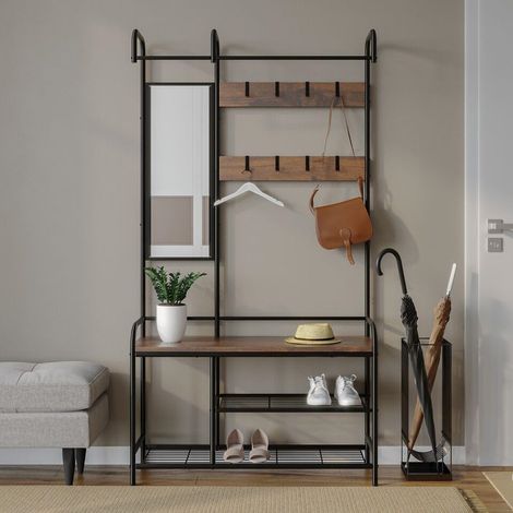 Tall Industrial Hall Tree Coat Rack with Shoe Storage Bench, 9 Hooks, 5 Shelves & Clothes Rail for Bedroom, Living Room, Hallway and Entryway