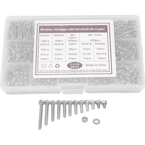Kit d'assortiment de vis M3 en acier inoxydable 304 à six pans creux, comprenant vis, écrous et rondelles. (1/5)