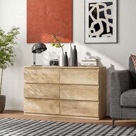 Commode 6 Tiroirs, Rangement Sans Poignées, Design Minimaliste, 120 x 39 x 75 cm, Chêne (1/5)