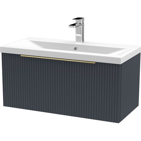 Fluted Front Wall Hung 1-Drawer Bathroom Vanity Unit with 1 Tap Hole Basin, 800mm, Satin Dark Grey, Brushed Brass Handles