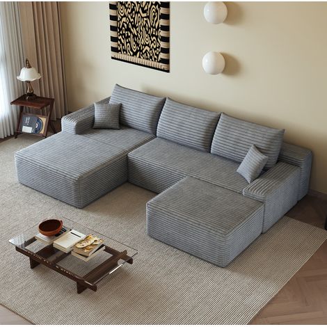 Divano angolare modulare 270x175x83 cm per soggiorno, seduta profonda, senza montaggio, tessuto corduroy grigio (1/5)