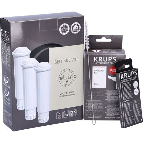 Set für Kaffeemaschinen Krups, Siemens, AEG, Bosch, Gaggenau, Melitta, Nivona, Cacoon, Neff: Filter Seltino Vite 3er-Pack, Entkalker Krups F054, Tabletten Krups XS3000, Zahnbürste Seltino