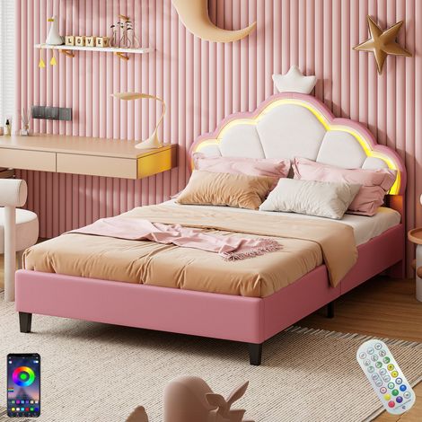 Einzelbett 140x200 cm, mit LED, höhenverstellbares Kopfteil, Krone, APP, Lattenrost aus Holz, Prinzessinnen, polsterbett aus Samt - Rosa