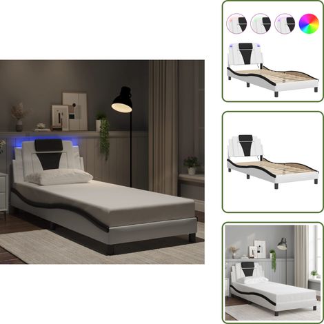 The Living Store Cadre de lit avec LED sans matelas blanc et noir 90x190 cm - Lit Plateforme - Lit Design - Lit Avec Éclairage Led - Cadre Lit Blanc - Tête De Lit Capitonnée (1/5)