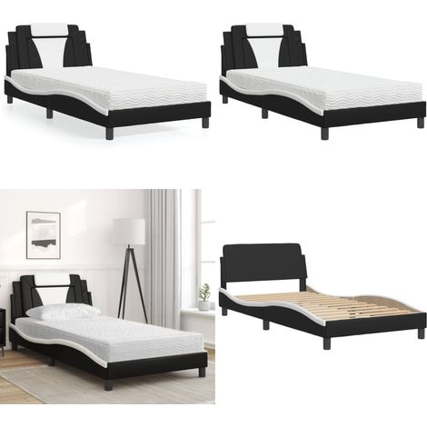 Bett mit Matratze Schwarz und Weiß 100x200 cm Kunstleder - Schlafzimmer Möbel - Doppelbett - Boxspringbett - Bettenrahmen - Kunstleder Bett - Home & Living (1/5)