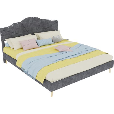 CHICFURN Lit bas en tissu gris tête de lit géométrique 160 200 (1/5)