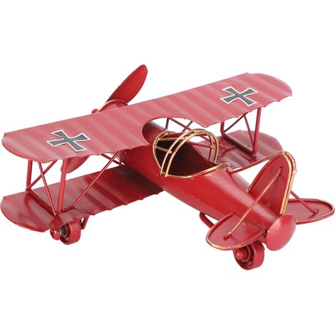Maquette d'avion en fer rouge biplan vintage, objet de décoration artisanale pour la maison ou un café. (1/5)