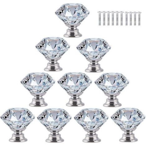 10 pcs Poignée Bouton de Porte Placard Meuble Tiroir Armoire, 30mm Diamant de Verre Cristal avec Vis - Transparent (1/5)