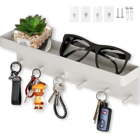 Porte Clef Mural à 6 crochets, 2 Façons D'installer Porte Clé Mural et Porte-Courrier Décoratifs, Accroche Clé Mural pour Entrée, Couloir, Bureau, Blanc (1/5)