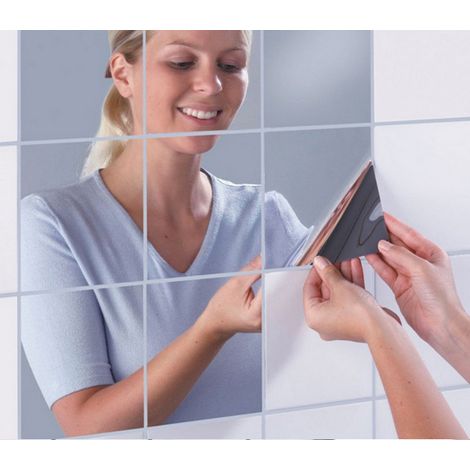 16 pièces Miroir Décoratif Miroir Carré Argent Amovible Décoratif M (1/5)