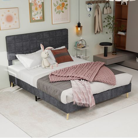 Letto in velluto grigio 140x200 cm con testiera imbottita a quadri e struttura in legno. (1/5)
