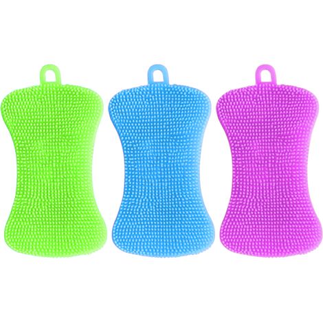 Éponges à vaisselle en silicone, éponges pour nettoyer la vaisselle, ustensiles de cuisine, lot de 3 éponges à récurer - Bleu + Vert + Violet (1/5)
