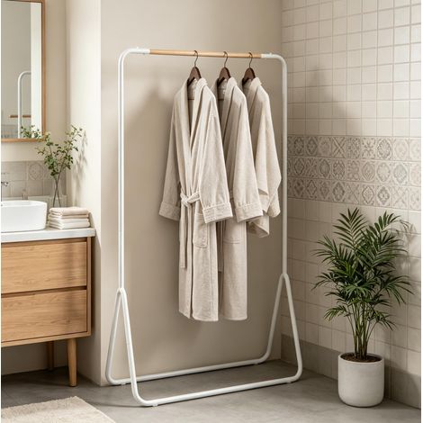 Appendiabiti da terra multifunzione, 80 x 45 x 145 cm, metallo bianco e barra in legno DESVIAE (1/5)