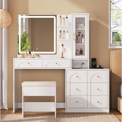 Coiffeuse avec miroir led, 8 tiroirs, étagères et vitrine en verre, blanc, 131,5x40x140 cm (1/5)