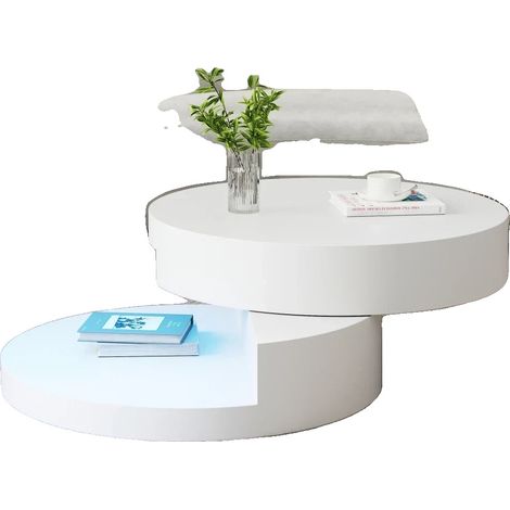 Tavolino da caffè con piano girevole a 360°, portata massima 30 kg, forma cilindrica, colore bianco. (1/2)