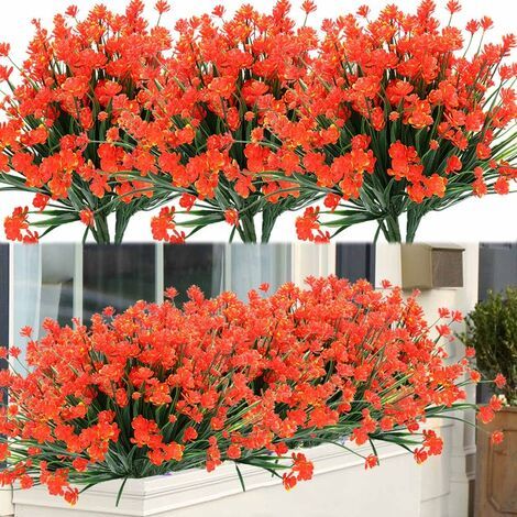 8 Bundles Extérieure Artificielle Faux Fleurs Arbustes Résistants Aux UV Plantes, Faux Plastique Verdure pour Intérieur Extérieur Plantes Suspendues (Orange Rouge)-Fei Yu (1/5)