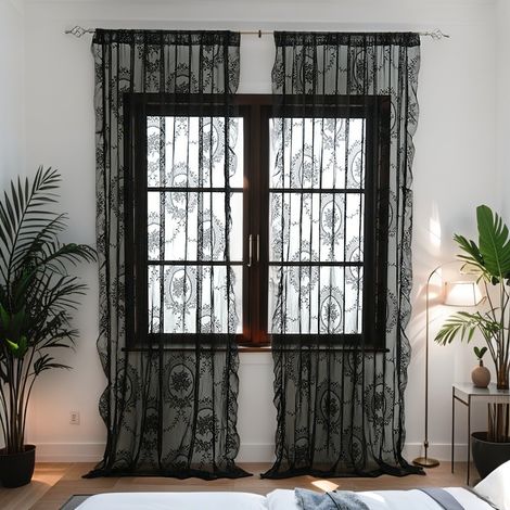 SIENTICE 140 x 160cm French Country Style Sheer Ruffled Curtains, Easy to Install, for Living Room and Bedroom. Black