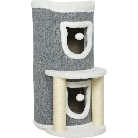 Albero Tiragraffi per Gatti Alto 76 cm con Casette Lettino Palline e Pali in Sisal Grigio
