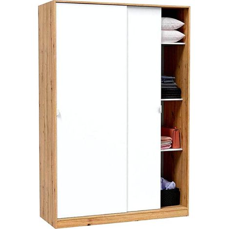 Pegane – Armoire 2 portes coulissantes chêne nordique et blanc artic – Dimensions 120x200x50 cm – Barre de suspension amovible – 4 étagères réglables (1/5)