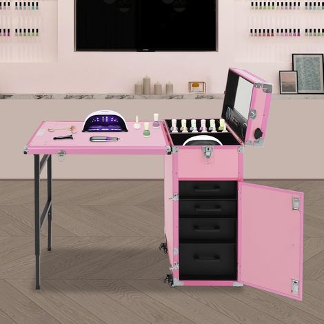 Table de manucure pliable avec 4 tiroirs et télécommande, table de manucure mobile à roulettes comme stations de maquillage temporaire pour salon de beauté rose