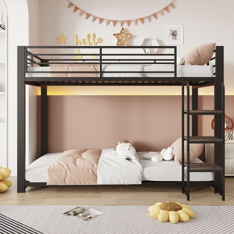 Lit superposé 90/200 cm noir avec escalier-étagère en bois, structure métal et sécurité renforcée (1/5)