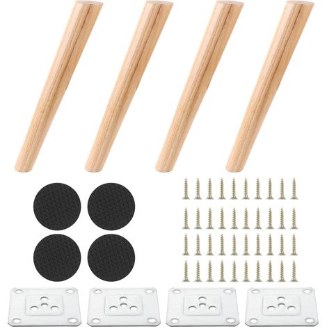 4 PCS Pied de Table Basse 40CM en Chêne Pied de Meuble Scandinave avec 4 Plaques de Fixation et 40 Vis Pied de Chaise Bois Massif pour DIY Rénovation (1/5)