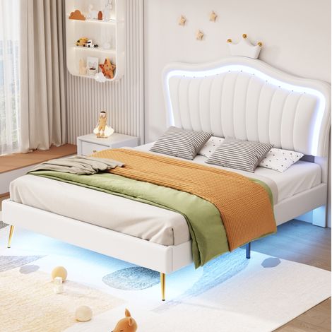 Letto matrimoniale imbottito 140x200 cm con testiera a corona, ecopelle PU e LED, senza materasso (1/5)