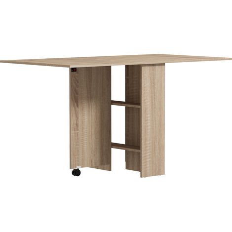 Klapptisch mit 2 Ausziehplatten, 6 Sitzplätze, Ablagen, Rollen, Naturholz