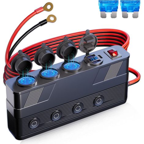 Répartiteur Allume-cigare 12V, Prise Allume Cigare 12V avec Rallonge 3M 3 Prises 12V + 4 Ports USB 2A+2C, Interrupteurs Indépendants, Voyants LED, Capuchons de Protection, pour Voiture Car SUV (1/5)