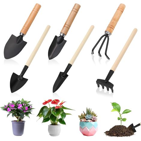 6 Pièces Outils de Jardinage, Mini Outils de Jardinage, Mini Outil de Jardin, Outil de Jardinages à Main avec Manches en Bois, Pelle, Bêche, Râteau, pour Balcon Potager Plantes Grasses (1/5)