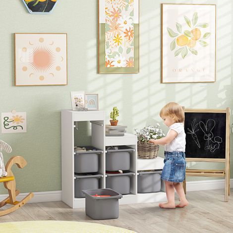 Meuble de rangement pour jouets des enfants avec 6 bacs amovibles. 3 niveaux de rangement. 96 x 38.5 x 90. gris