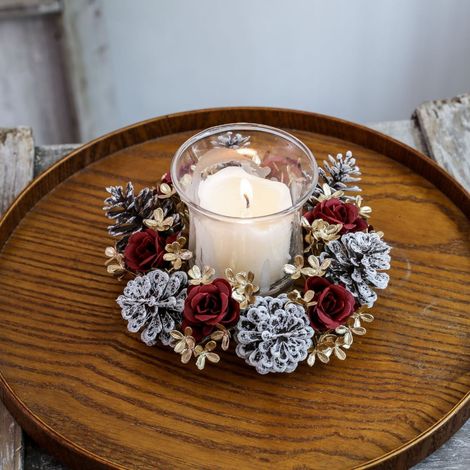 Couronne De Bougie - Couronne En Feuillage Artificiel Pour Décoration De Table De Noël - Diamètre 18 Cm - Rouge (1/5)