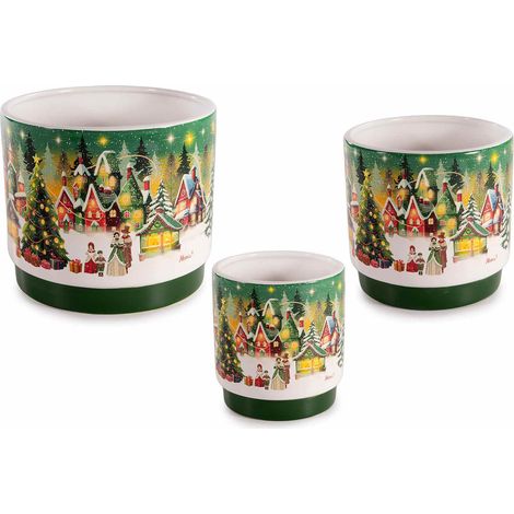 Vasi di Natale in ceramica con decorazioni paesaggio natalizio, set da 2 pezzi, Grande: Ø 17,5 cm x 14,5 H