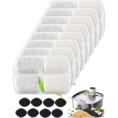 FN-W18 Fontaine à eau en acier inoxydable pour fontaine à chat 8 l 8 filtres sans fil et 8 filtres éponges, filtre de rechange à charbon actif et résine d'échange de ion pour chat (1/5)
