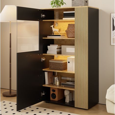 Armadio contenitore in truciolare nero e naturale, anta con vetro, 2 ripiani regolabili, LED 16 colori (1/5)