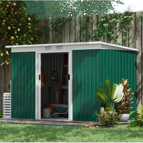 Caseta de jardín 280x130x172 cm, puerta corredera, 2 rejillas de ventilación, acero, verde oscuro (1/5)
