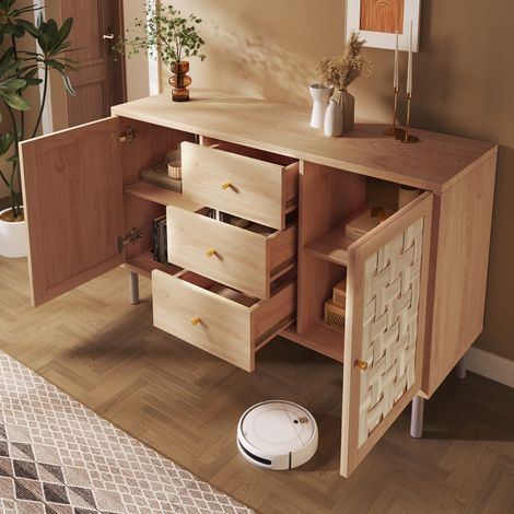 Commode 2 portes et 3 tiroirs, chêne, 120 x 40 x 75 cm (1/5)